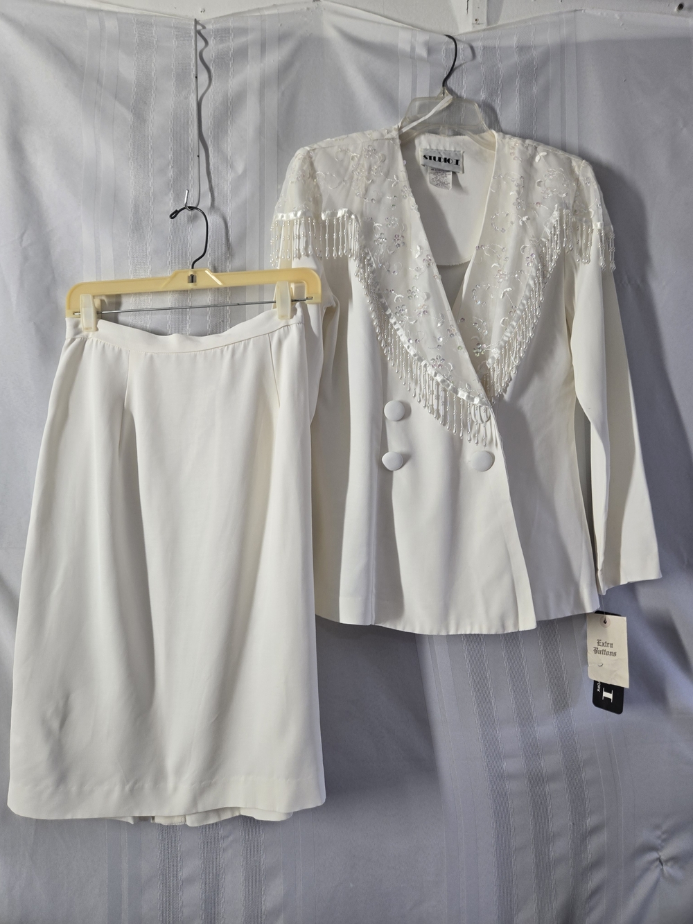 Studio I NEW YORK Ivory Beaded Fringe Midi Skirt Suit SIZE 10